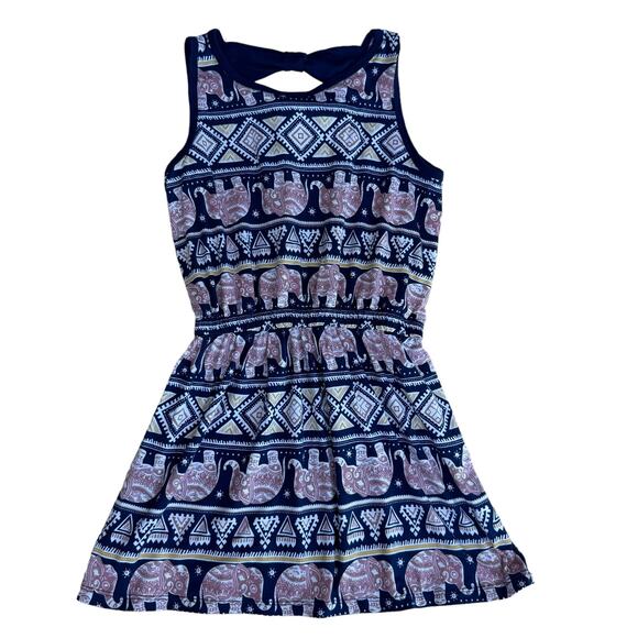 Poof Girl Blue Pink Elephant Sleeveless Cutout Bow Elastic Waist A-Line Dress L - Picture 2 of 4